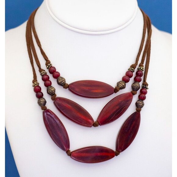 17 Inch, Vintage Red Bib Three layer Three Strand Bib Necklace - D4 - Picture 2 of 3